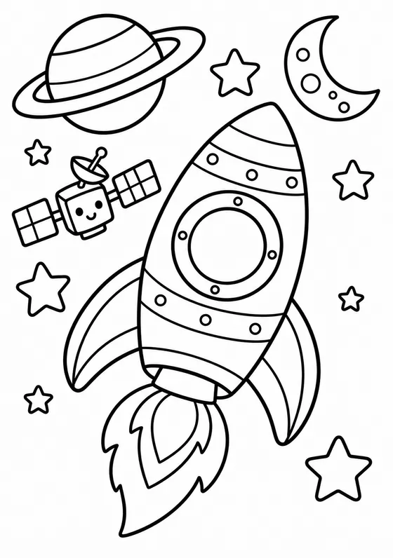 Colouring page: a rocket flying past planets and stars.